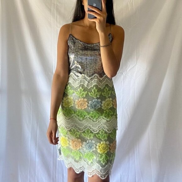 Floral Lace Mini Dress - Silver and Multicolor - Picture 1 of 10